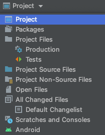 Project View Android Chat Tutorial IDE interface with project file structure including folders for production and tests.