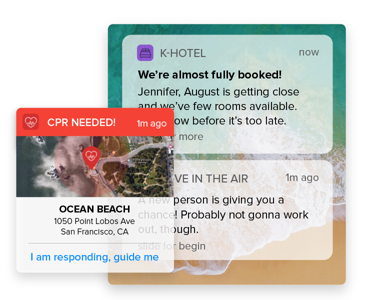 create-always-on-dynamic-experiences-with-mobile-push.png Smartphone screens displaying various notifications including a CPR alert and a hotel booking reminder.