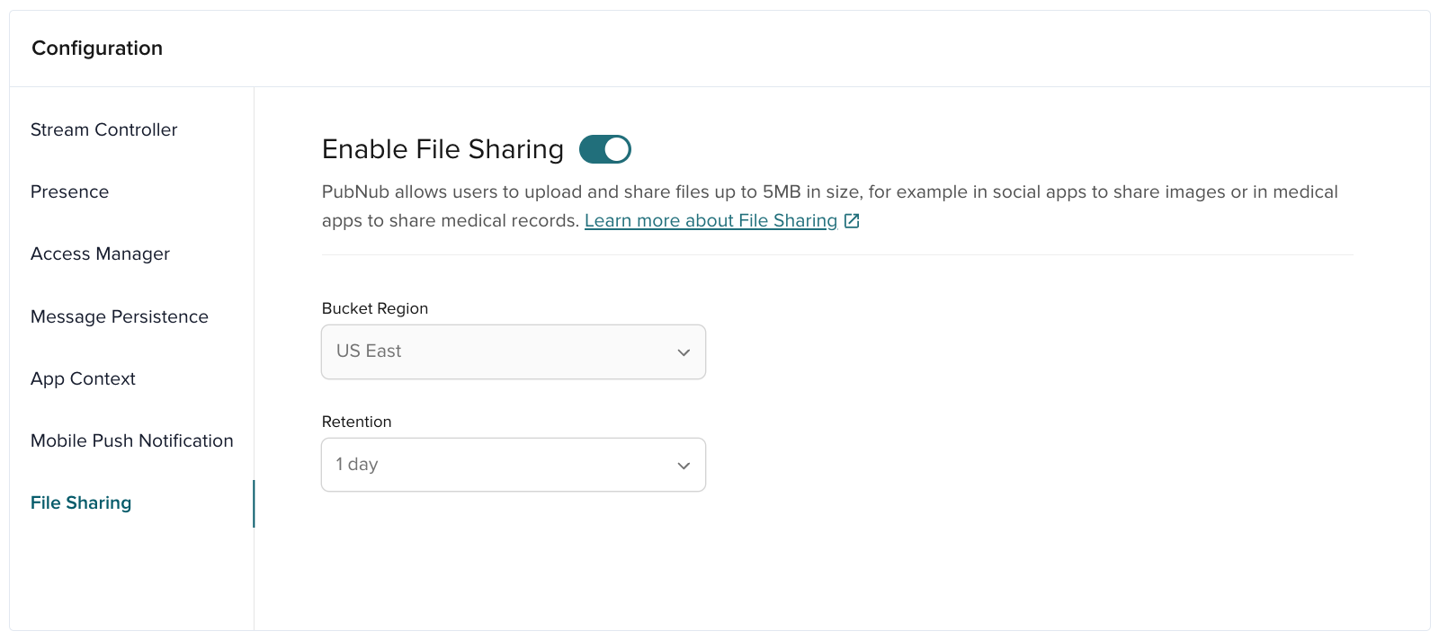 File Sharing settings in Admin Portal: bucket region and retention controls