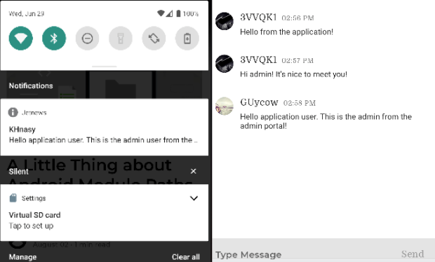 Push Notifications Tutorial Preview Dual smartphone screens displaying chat application interface with conversation between users and notification panel.