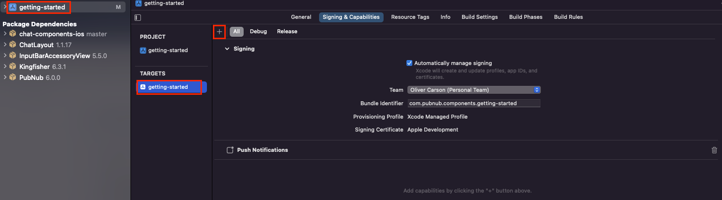 Enable Push Notifications in Xcode Xcode project settings with selected 'Signing & Capabilities' tab showing team and bundle identifier configuration.